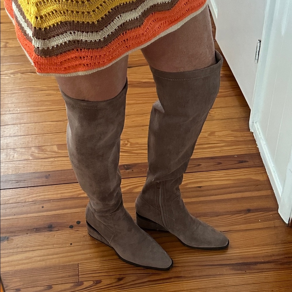 Torgeis Taupe Suede over the knee boots, tall tan boot, Madeline wedge heel boot - Picture 11 of 17